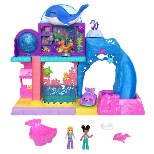 Polly Pocket Pollyville Aquarium Set With Shani, With Two Dolls, Small Car And 11 Accessories Including 8 Sea Animals, Children's Toy, From 3 Years, HKW15