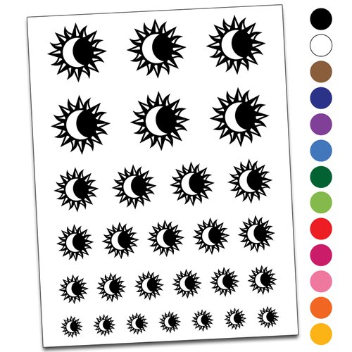 Solar Eclipse Sun Moon Temporary Tattoo Water Resistant Fake Body Art Set Collection - Black (One Sheet)