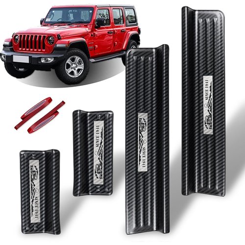 Rowa Door Sill Guards for Jeep 2018-2024 Wrangler JL JLU & 2020-2022 Gladiator JT, Carbon Fiber Pattern 304 Stainless Steel Door Entry Guard Full Coverage for Door Sill Protector (Patent Design)