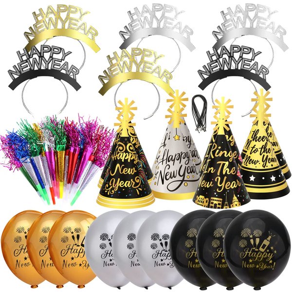 HOWAF 2025 New Years Eve Party Supplies, 43pcs Happy New Year Headband Tiara, New Year Party Hats Cone Hats, Party Blowers and Happy New Year Decorations Balloons for New Year Party Favors Accessories