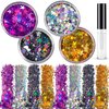 Holographic Chunky Glitter Silver Gold Purplish Red and Black Cosmetic Body Hair Face Eye Nail for Festival Carnival Concert Beauty Rave Accessories Different Shapes 4 Pots+ Quick Dry Primer Glue Gel
