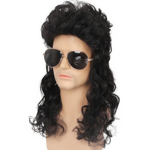 Kaneles Mullet Wig Mens Black Long Curly Wigs Hair 70s 80s Male Wig Halloween Costumes Punk Rocker Wig