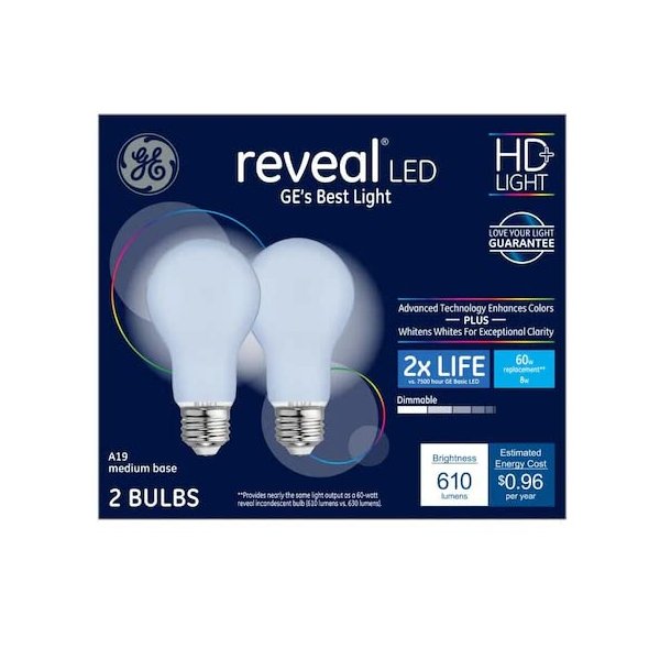 GE Lighting GE Reveal LED Light Bulbs, 2X Life, 8 Watt (60 Equivalent) HD+ Light, Standard Bulb Shape, Medium Base, Dimmable (2 Pack)