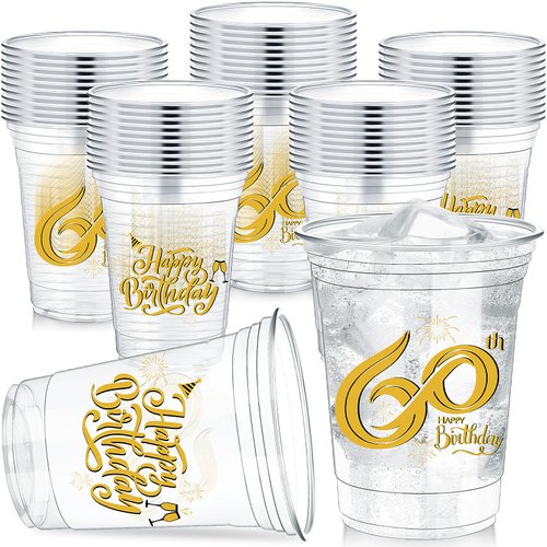 Yiyiring 60 Pcs 16 oz 60th Birthday Party Plastic Cups 60th Happy Birthday Plastic Tumblers Clear Cups Cheers to 60 Years Disposable Plastic Cups for 60th Birthday Party Supplies