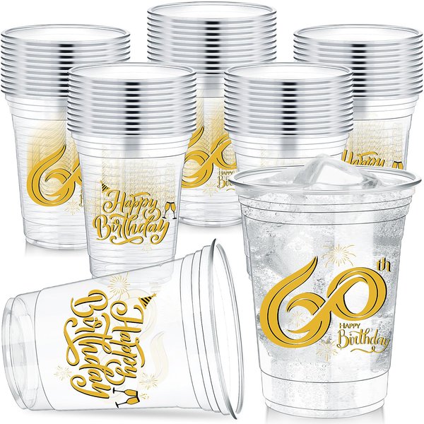 Yiyiring 60 Pcs 16 oz 60th Birthday Party Plastic Cups 60th Happy Birthday Plastic Tumblers Clear Cups Cheers to 60 Years Disposable Plastic Cups for 60th Birthday Party Supplies