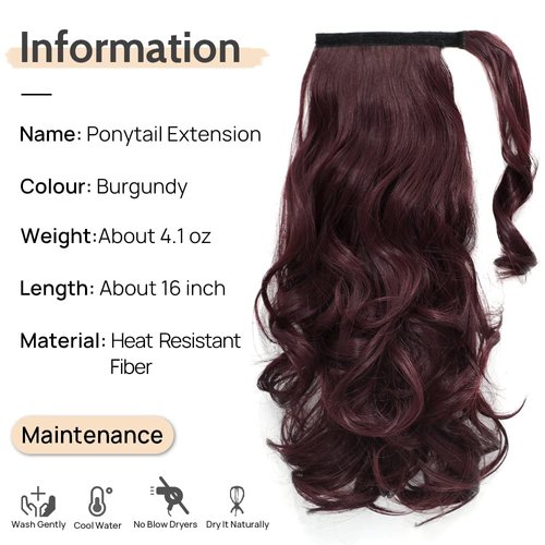 Pony Tail Hair Extainson,StrRid Hair Extensions Ponytail Wrap Around 16"Curly Wavy Synthetic Fake Hair Clip in Ponytail Wig Fluffy Pony Tail Hair Pieces for Women Black Ponytails 5 oz-Burgundy