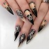 Halloween Press on Nails Long Almond Fake Nails Goth Skull Black Rose False Nails with Design Rhinestone Acrylic Glue on Nails Glossy Full Cover Stiletto Artificial Stick on Nails for Women Manicure