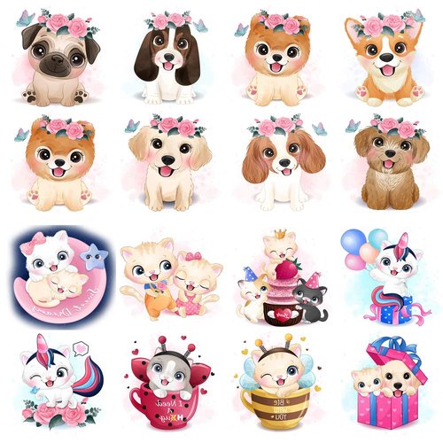 Glaryyears Watercolor Animals Temporary Tattoo for Kids, 30-Pack Fake Tattoos, Cute Dog Cat for Girls Boys Children, Fun Cartoon Stickers for Body Face Hand Arm Birthday Party Favors Multi-colored