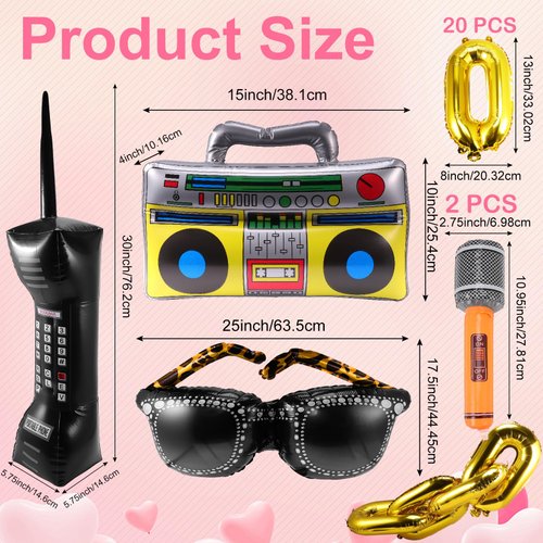 PLMMOUT 25 Pcs 80s 90s Party Decorations,Inflatable Boom Box,Inflatable Microphone,Gold Chain Balloons,Inflatable Mobile Phone,Inflatable Glasses,80s 90s Props Hip Hop Party Decorations