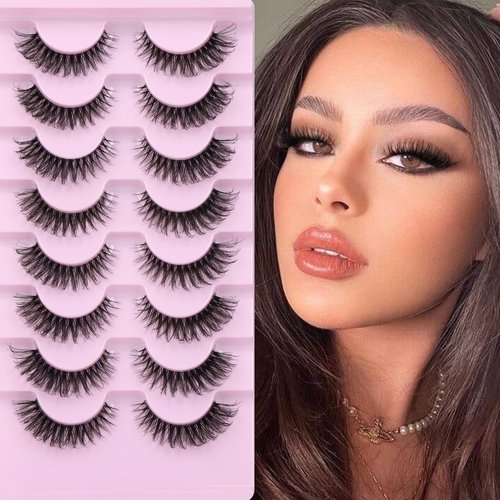 Natural False Eyelashes Wispy Mink Lashes Cat Eye Lashes Pack Fluffy Eyelashes 8 Pairs 14 mm Clear Band DD Curl Strip Fake Eyelashes By TNFVLONEINS