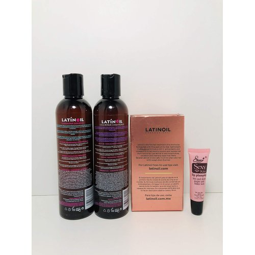 Latinoil Chia Seed Oil Hair Treatment with Omega 3-6-9 Kit) Shampoo 250ml, Conditioner 250 ml, & Oil Treatment 74ml *Free Starry Sexy Lip plumping gloss tube 10ml
