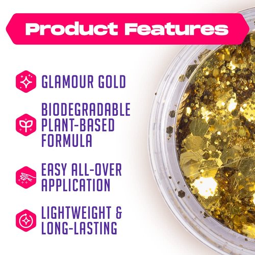 Gold Biodegradable Glitter Makeup | Plant Based, Eco Friendly, Hair Glitter, Face Glitter or Body Glitter | Cosplay, EDM Music Festival, and Rave Makeup Accessory | 5 Grams of Chunky Glitter