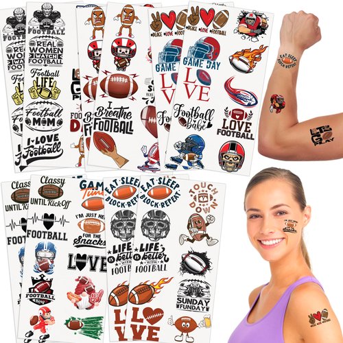 Football Temporary Tattoos | 100 Game Day Temporary Tattoos | Football Party Tattoos | Big Game Party Props | Football Party Decorations | Football Characters, Slogans and More Party Tattoos | BASHOUT