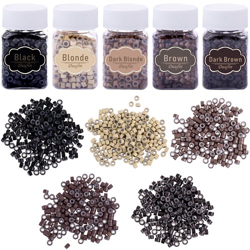 Duufin 2500 Pieces Micro Links Rings Hair Extensions Beads 5.0mm Silicone Lined Beads 5 Colors Mi...