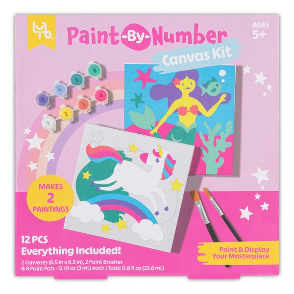 Little Yellow Bicycle: Unicorn & Mermaid Paint-by-Number Canvas Kit - All-in-1 Art Set, Magical Paintings, 8 Non-Toxic Paint Pots, 2 Brushes, Kids 5+