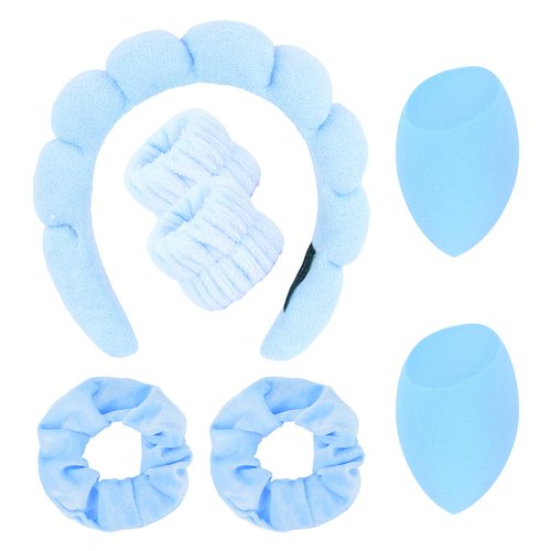 Semato 7pcs Spa Headband And Wristband Set with Velvet Scrunchies and Makeup Sponge Skincare For Washing Face Sponge Headband Bubble Headband Beauty Gifts For Women and Girls (blue)