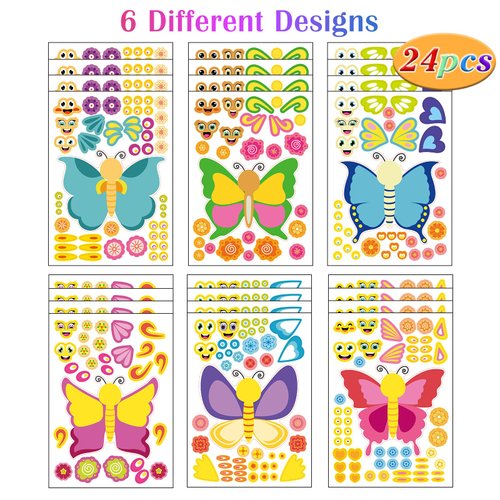 24 Sheets Butterfly Make a Face Sticker Sheets for Kids Todders Activities, Make Your Own Stickers for Kids Birthday Party Favor Supplies Craft