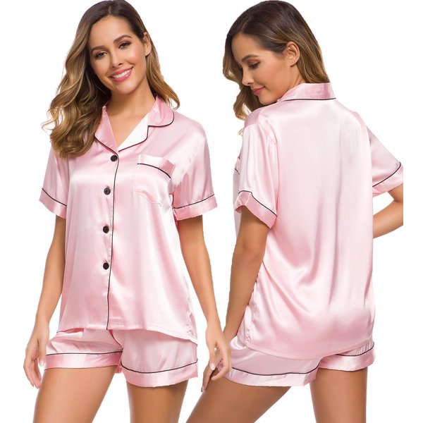 SWOMOG Womens Silk Satin Pajamas Set Two-piece Pj Sets Sleepwear Loungewear Button-Down Pj Sets