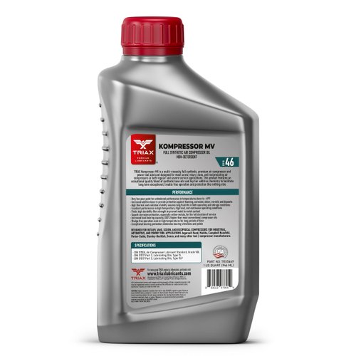 TRIAX Kompressor MV ISO 46 (SAE 20), Full Synthetic Air Compressor Oil, Non-Detergent, Rotary, Vane, Screw, Reciprocal, High Temp, 20,000 Hour Life (1 Quart)