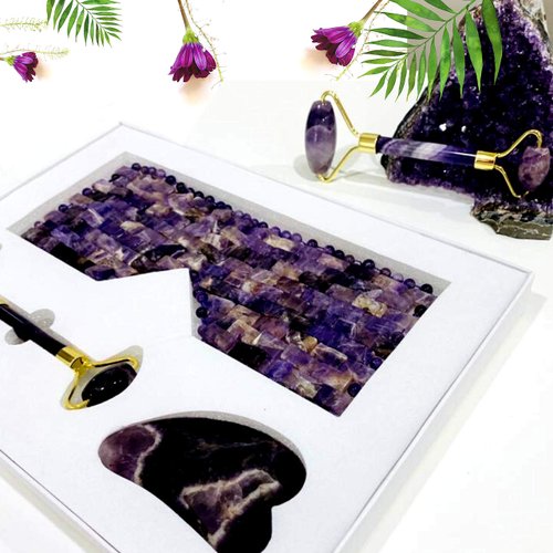 LAVÔNNÉ 100% Authentic Amethyst Mother's day Gift Set Amethyst Eye Mask Amethyst Jade Roller & Gua Sha Set Facial Mask Instant Puffiness promote relaxation and relief stress.