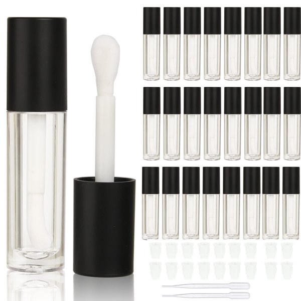 COSIDEA 24 pcs Empty 5ml big brush lip gloss tube black round lipgloss tubes container with big doe foot wand cosmetic packing containers