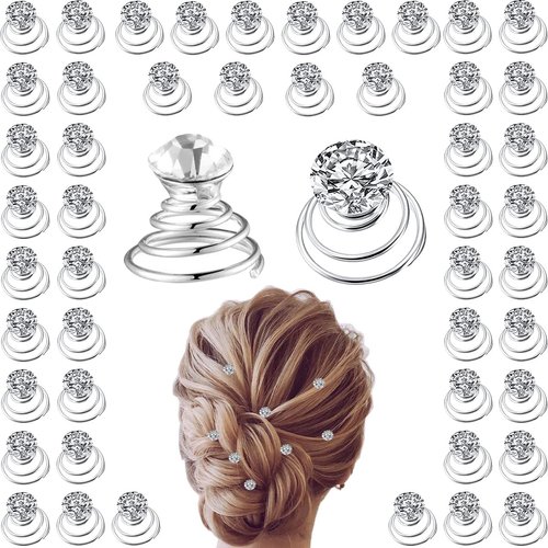 50 Pieces Crystal Twisters Spiral Set Bridal Rhinestone Gems Hair Pins Silver Coil Hair Gems Hair Clips for Wedding Party Prom with Clear Box for Women Girls Party Gift(Diamond Style)