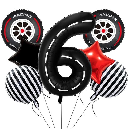 Race Car Balloons Racing Birthday Balloons Decorations 40 Inch Black Mylar Number 6 Balloons for Car Themed Birthday Party Decor Supplies
