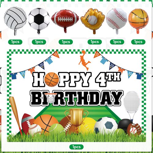 95Pcs Sports Balloon Garland Kit, Baseball Basketball Soccer Volleyball Football Balloons Sports Foil Balloons with Sports Backdrop for Sports 4th Birthday Party Supplies Decoration (4th)