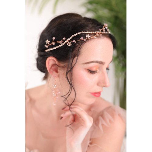 fxmimior Bridal Rose Gold Headpiece Bridal Rhinestone Hair Vine Pink Crystal Hair Accessories Flower Hair Jewelry for Women And Girls Rose Gold Wedding Tiara And Crowns(Headband)