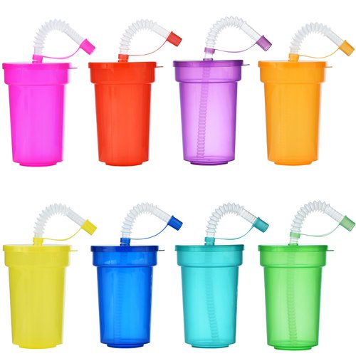 ALINK Plastic Kids Party Cups with Lids and Straws, 8pcs 12 oz Leak Proof Colorful Party Favor Cups for Birthday, Holiday, Events, Party Decoration Supplies - 8 Colors