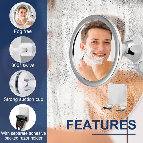 Fogless Shower Mirror with Suction Cups, 360° Rotatable, Anti-Fog Bathroom Mirror for Shaving, Make-up, Showering, Bathroom Accessories, Silver