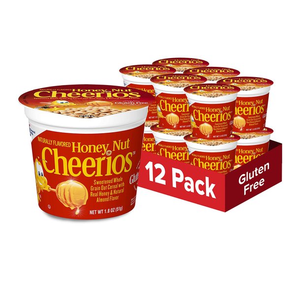 Honey Nut Cheerios Heart Healthy Cereal in a Cup, Gluten Free Cereal with Whole Grain Oats, 1.8 OZ Single Serve (Pack of 12)