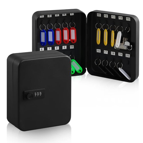 KYODOLED Key Cabinet Wall Mount,Locking Key Organizer,Key Storage Lock Box with Code,Key Management with Combination Lock,20 Key Hooks & Tags Key Lab,7.87 x 6.3 x 3.14 inch,(Black,20 Key)