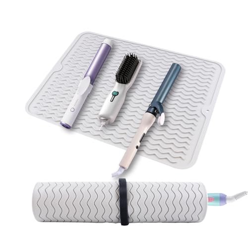 Heat Resistant Mat, Portable Curling Iron Mat with Velcro, Silicone Mat for Hair Tools-Grey (15.7" X11.8")