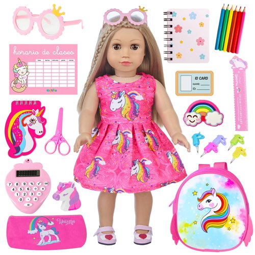UZIDBTO American 18 Inch Doll Accessories Stationery Set and Clothes Pink Unicorn Series for Kid's 18 Inch Doll