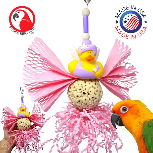 Bonka Bird Toys 1014 Sola Fairy - 8" H x 4" W, Rubber Duck and Sola Ball Toy with Pink Paper Tendrils, Parrot, Conure, Cockatiel, and Similar Size Breeds.