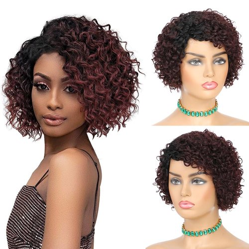 MOWCAW Short Curly Human Hair Wigs for Black Women, 8 Inch Burgundy Red Short Curly Wig Brazilian Human Hair Wig, Deep Wave Side Part Pixie Cut Glueless Wigs, Afro Kinky Bob Wig for Women（OT530
