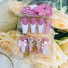 Extra Long Press on Nails Square French Tips Acrylic Coffin False Nails Sets Artificial Pink Fake Nails with Bear Pearl Designs Glossy Full Cover Glue Stick on Fingernails with Charm for Women