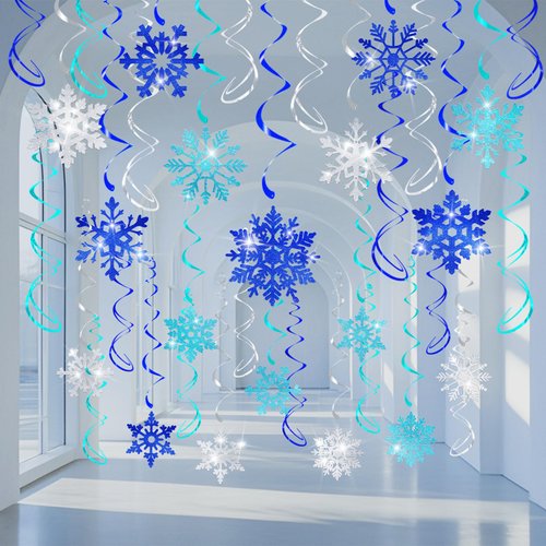 36 Pcs Glitter Snowflake Hanging Swirls Decoration - Christmas Holiday Ceiling Decorative Streamers Blue Teal Silver Snowflake Ornaments Garland for Winter Wonderland Frozen Party Supplies