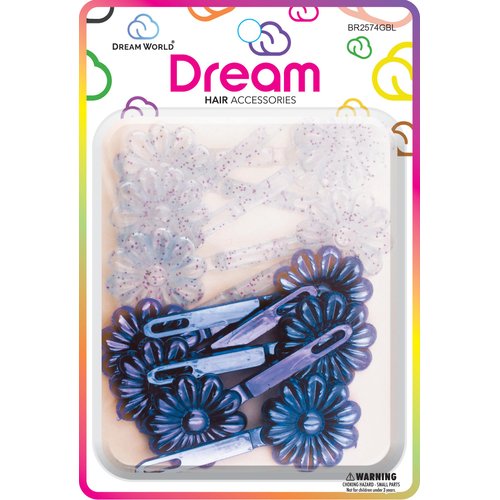 Dream World Self Hinge Barrette Daisy Metallic & Glitter Mix Blue 12 Piece Pack BR2574GBL