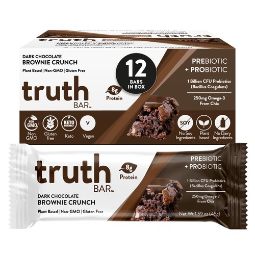 Truth Bar Prebiotic & Probiotic Keto Snack Vegan Bars with Omega-3's - Synbiotic High Fiber Snacks - Low Sugar, Kosher, Gluten Free - Dark Chocolate Brownie Crunch (Pack of 12)
