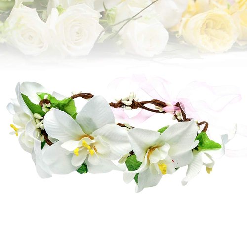 Lurrose Flower Crown Lily Flower Headband Hair Wreath Bridal Floral Crown Headdress Bohemian Garland for Wedding Festival (Beige)
