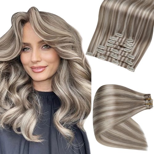 Full Shine Seamless Clip in Hair Extensions Human Hair 18 Inch Blonde Highlights Clip in Extensions Skin Weft Dark Golden Brown Mix Blonde Human Hair Extensions Pu Weft 8Pcs 120 Grams Full Head