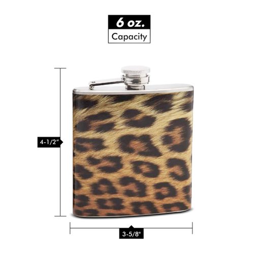 6oz Hip Flask - Leopard Pattern Print Design - Pocket Size, Stainless Steel, Leak Proof, Screw-On Cap - Brown and Black Wrapped Vinyl Finish