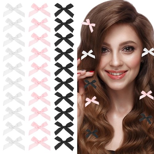 ZEYIYER 30 PCS Mini Bows, 3 Colors Bow Hair Clips Satin Bowknot Mini Hair Bows Gingham Craft Bow Hair Clips, Kawaii Claw Clips Hair Barrettes Accessories for Women Girl