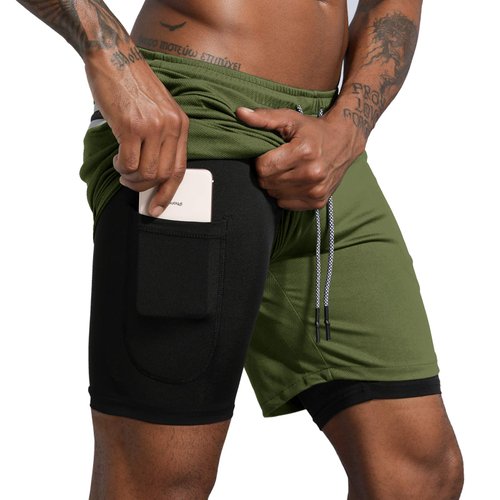 Leidowei Men's 2 in 1 Workout Running Shorts Lightweight Training Yoga Gym 7" Short with Zipper Pockets Army Green/Black M