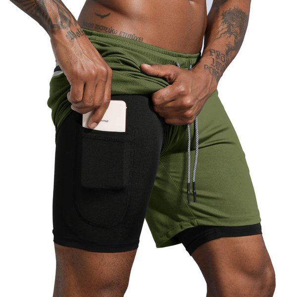 Leidowei Men's 2 in 1 Workout Running Shorts Lightweight Training Yoga Gym 7" Short with Zipper Pockets Army Green/Black M