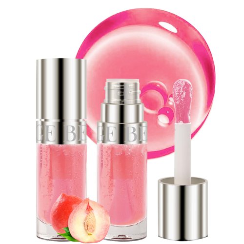 Lip Glow Oil-2Pcs Moisturizing Tinted Lip Gloss,Pink Hydrating Comfort Oil Lipgloss Big Brush Head Lip Tint Stain,Clear Lipstain Glow Reviver Lip Care Oil,Christmas Makeup Gift for Women Girl-02
