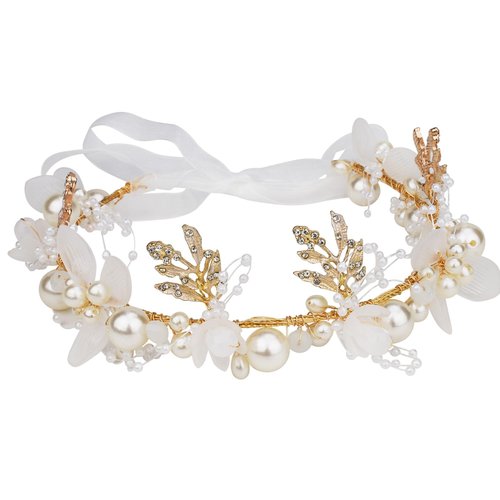 AOPRIE Pearl Flower Headband for Women Girls Wedding Wreath Floral Garland Halloween Party Event Supllies Favors Gold White, 1 Pack