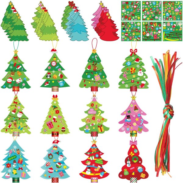 24 Pcs DIY Christmas Tree Paper Craft Kit Hanging Ornaments DIY Christmas Crafts Card Making Kit for Kids Holiday Favor Decorative Sticker Xmas Party Supplies